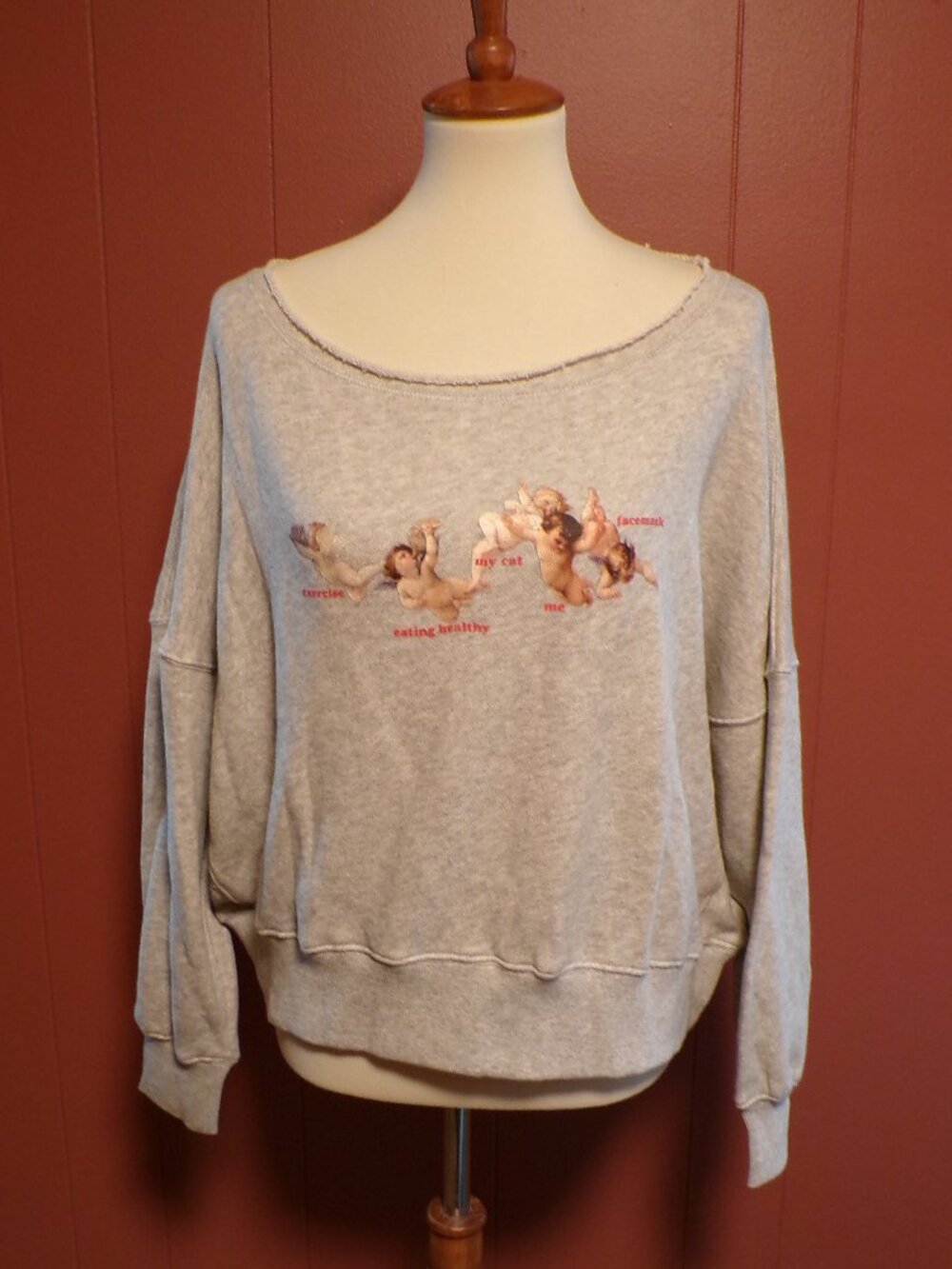Forever 21+ NWT Women's Gray Collarless Sweatshirt Graphics Angels/Cherubims: OX